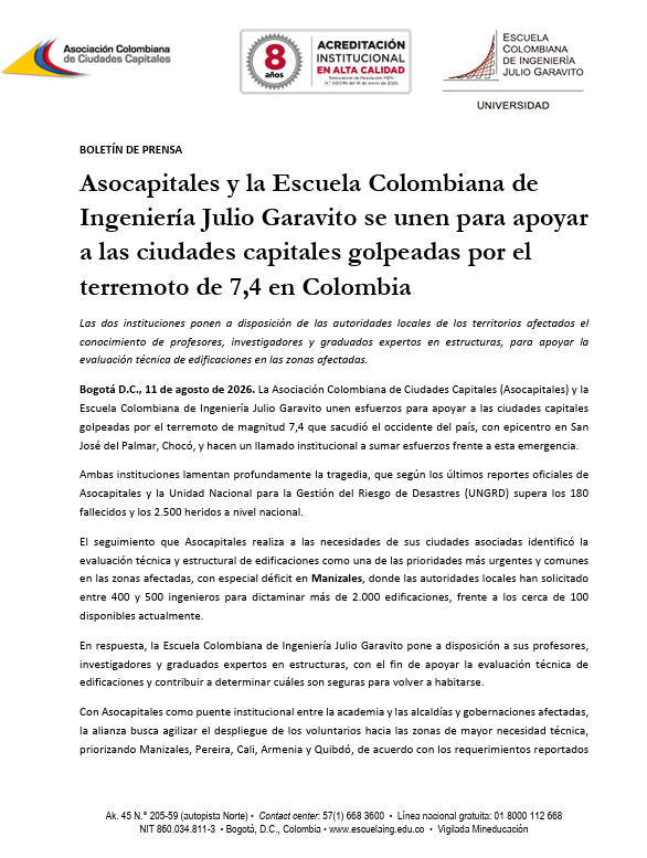 NoticiasRCN's tweet photo. La Escuela Colombiana de Ingeniería Julio Garavito pone a disposición a sus profesores, investigadores y graduados expertos en estructuras, con el fin de apoyar la evaluación técnica de edificaciones y contribuir a determinar cuáles son seguras para volver a habitarse. https://t.co/tYO5xOkS5d