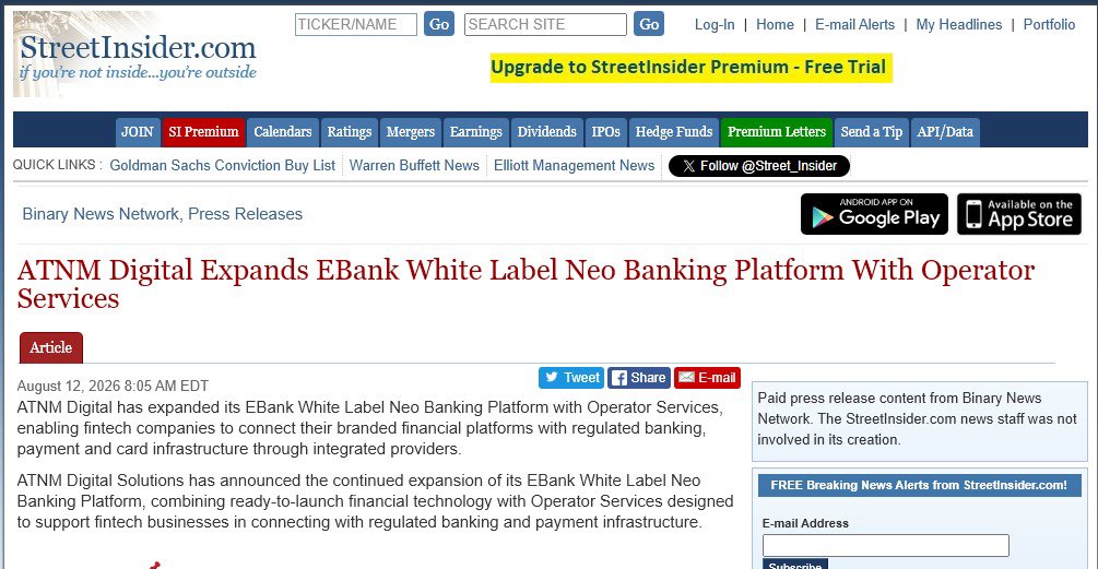 atnmdigital's tweet photo. ATNM Digital Solutions Featured on StreetInsider 📰

We’re proud to be featured in StreetInsider. Discover how ATNM Digital Solutions is helping shape the future of white-label fintech and digital banking.

Read the full story now.
https://t.co/SDbCpX4exT

#ATNMDigital #StreetInsider #FinTech #DigitalBanking