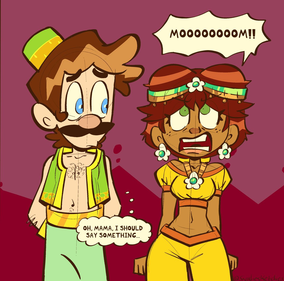 sarahrsketches's tweet photo. Daisy’s mom’s first impression of Luigi is already off to a great start. 
💚🧡 https://t.co/gF14gK41G4