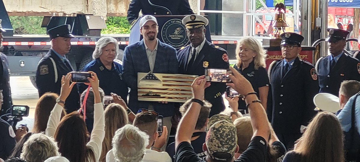 CFDMedia's tweet photo. The Tunnel to Towers Foundation’s ‘Steel Across America’ tour, the foundation’s signature event to commemorate the 25th anniversary of 9/11,  held a special ceremony at Engine 18. This impactful tribute will ensure that we never forget the loss and sacrifice of so many. https://t.co/Gf9althJ85