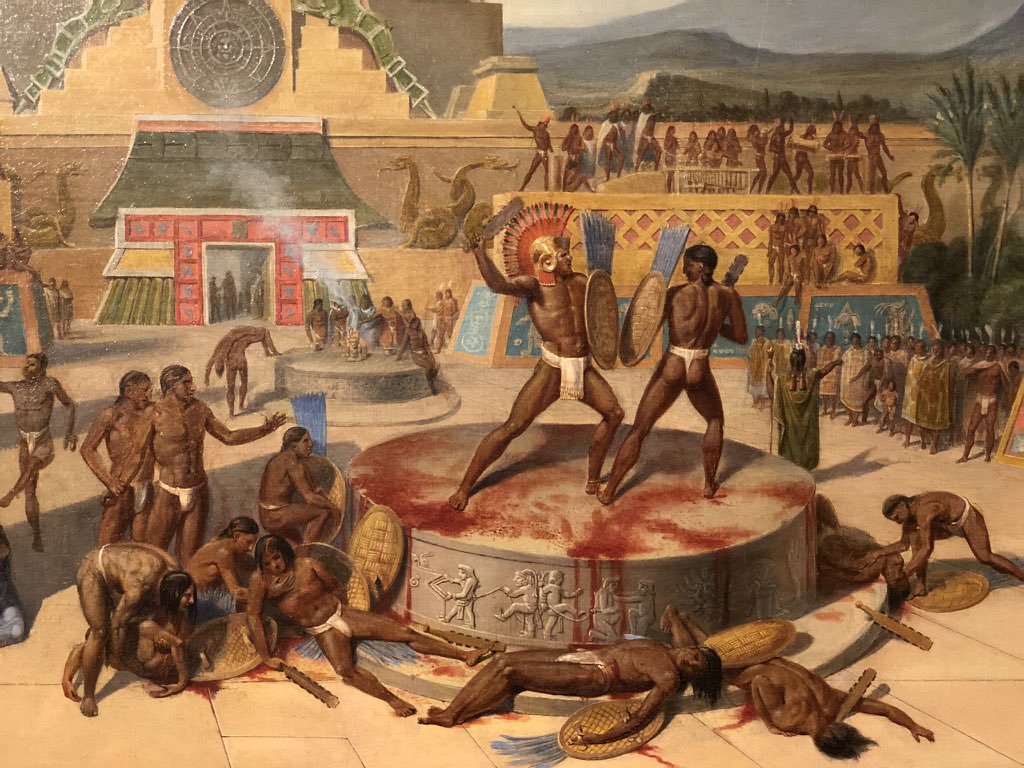 Cuauhtemoc_1521's tweet photo. #Sabíasque los mexicas durante la veintena dedicada a Xipe Totéc, “Nuestro Señor el Desollado” realizaba el sacrificio de rayamiento o gladiatorio llamado Tlahuahuaniztli? Este consistía en que con una soga amarraban el tobillo de un guerrero capturado a una gran muela cilíndrica de piedra con elementos solares labrados, llamado temalacatl. Este cautivo enfrentaba en combate a un guerrero de élite mexica sobre el gran cilindro pétreo, sin embargo este último iba armado con un macuahuitl con filosas lajas de obsidiana, mientras que el macuahuitl del primer no las tenía, por lo que estaba en una clara desventaja. Finalmente, cuando el prisionero era herido de gravedad, derrotado o no podía seguir el combate era arrastrado hacia una segunda escultura cilíndrica donde le era extraído el corazón! #CDMX 
Reconstrucción ideal de una ceremonia prehispánica (el Tlahuahuaniztli) por Maximilien Von Waldeck 1826-1836