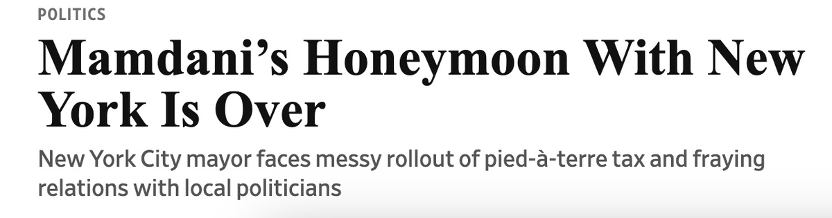 QasimRashid's tweet photo. WSJ today: Mamdani's Honeymoon With New York Is Over

New Yorkers THIS WEEK polled on Mamdani: 
- All New Yorkers: 69% favorable—⬆️ 13% since April.
- Black New Yorkers: 78% favorable—⬆️ 15% from April
- Sub $50K income: Beats Trump by 31
- $100K + income: Beats Trump by 38

Oligarchs are panicking trying to convince themselves that Mayor Mamdani isn't an existential threat to their grip on power, and I'm totally here for it.