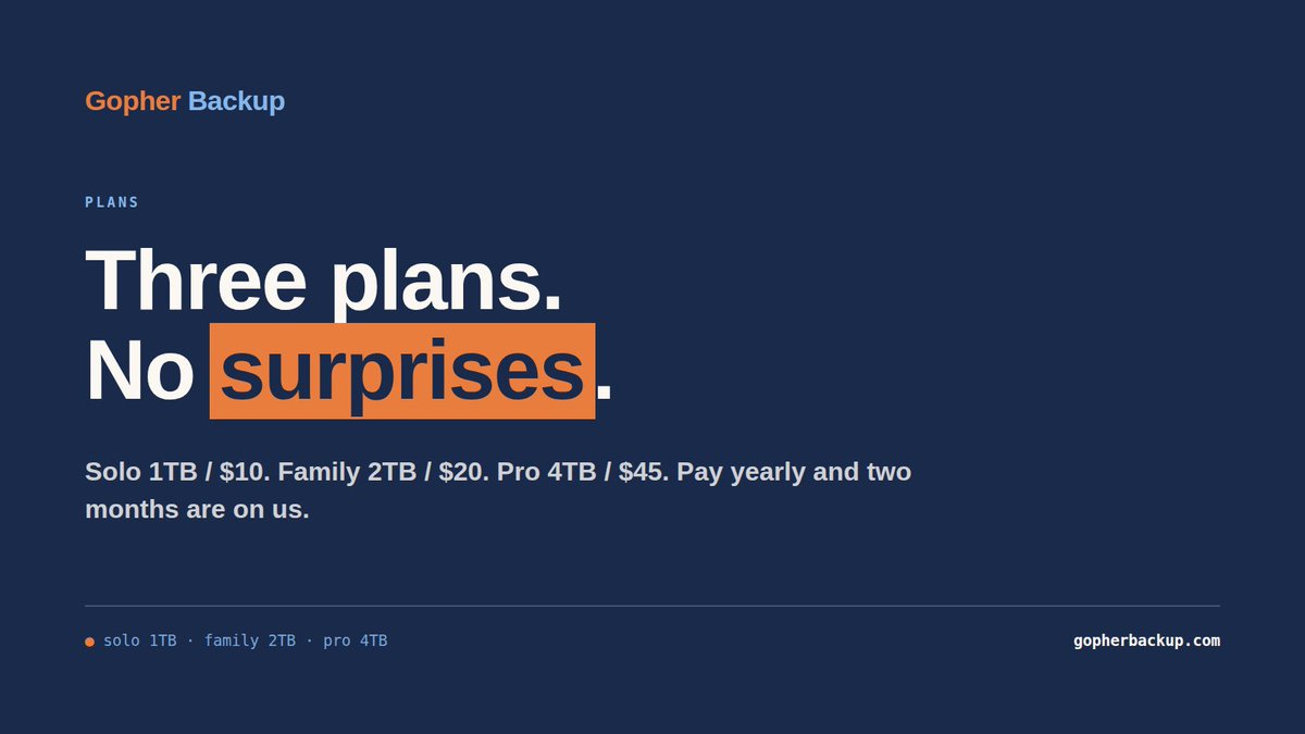 gopherbackup's tweet photo. Pricing shouldn't need a spreadsheet.
Solo — 1TB, 1 device, $10/mo Family — 2TB, 3 devices, $20/mo Pro — 4TB, 5 devices, $45/mo
Pay yearly, get two months free.
https://t.co/J20QearPGV https://t.co/P7Vkn7eAfx