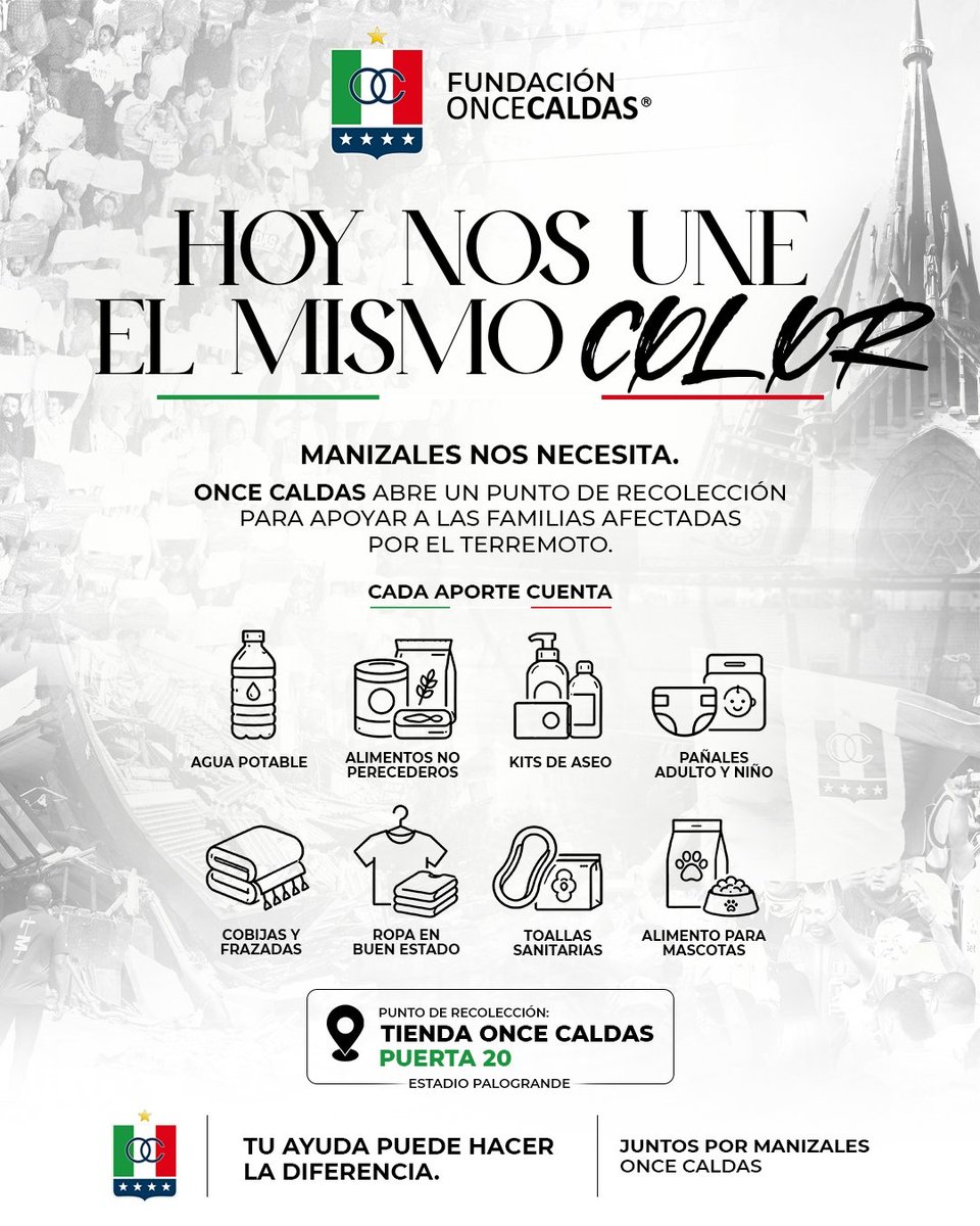 oncecaldas's tweet photo. Hoy más que nunca, somos una sola familia. 🤍

En momentos difíciles, la solidaridad nos une y nos recuerda que juntos somos más fuertes. 

Cada aporte cuenta. Cada gesto suma. 🙏🏻

#HoyNosUneElMismoColor https://t.co/kRFx4LoMAo