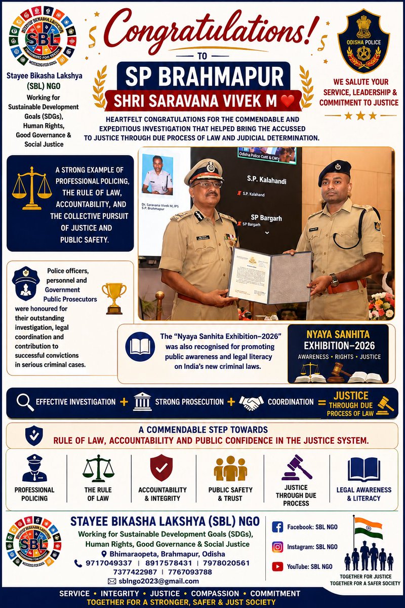 sbl_ngo's tweet photo. SBL Congratulate &amp; Salute 🎉👏🫡 to  @SP_BRAHMAPUR @SaravanavivekM for his exceptional leadership, public service, humble towards citizens and commitment to provide justice to the people of #Brahmapur &amp; #Ganjam. @CMO_Odisha @homeodisha @DGPOdisha @odisha_police  @IPS_Association https://t.co/svO91sjxia