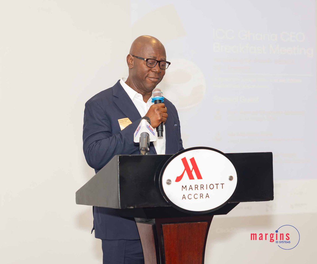 MarginsGroup's tweet photo. Our CEO and Vice Chairman of the ICC Global Digital Economy Commission, @stonybaiden delivered a keynote address at the International Chamber of Commerce Ghana CEO Breakfast Meeting, where he called on African businesses and leaders to move from being consumers of technology to builders of the systems that will shape the continent’s future.   Speaking on the theme, “Networking for Growth within a 24-Hour Economy,” he noted that as artificial intelligence continues to transform industries, Africa must take greater ownership of its digital future. A sustainable 24-hour economy requires more than adopting technologies developed elsewhere. It requires strong digital infrastructure, trusted data and the capacity to develop solutions that meet Africa’s needs.   At Margins ID Group, we are proving that meaningful growth starts with African-built systems, credible data and leaders ready to shape what comes next.
 #MarginsIDGroup #ICCGhana #NetworkingForGrowth #24HourEconomy #DigitalEconomyCommission #ProudlyGhanaian