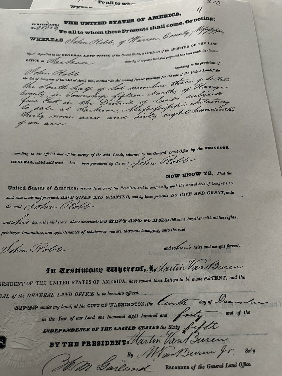 L__Robb's tweet photo. Not only do I have screenshots of my family’s land patents, I now have official parchment paper copies stamped! A super nice amount of acres. These are from 1840.  Slavery ended when? Yeah. Okay. Wait till the NARA records get here. 🤓 https://t.co/6r1FV6XqKH