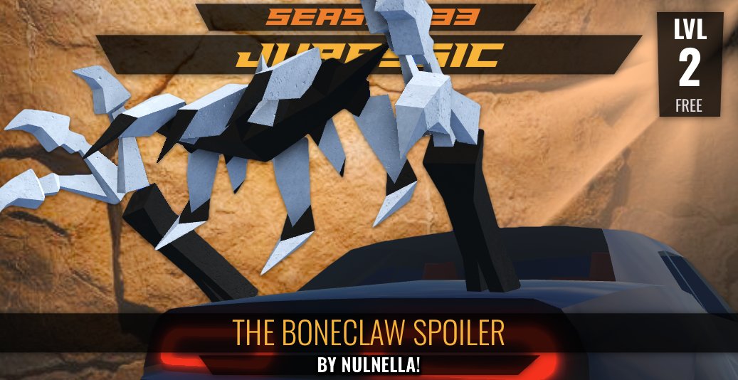 badimo's tweet photo. 🦴 Season 33: JURASSIC is upon us. Here are your prizes!

🦖 Level 2: The BoneClaw Spoiler! By @Nullnella!
🦕 *Level 3: Amber Disc Rims! By @DrBaconBunny!
🦖 Level 4: 3D REX Wall Item! By @plasmazillasc!
🦕 *Level 5: Extinction Event Drift! By @Ami_Badami!

[1/3...] https://t.co/edk6yuhYPv