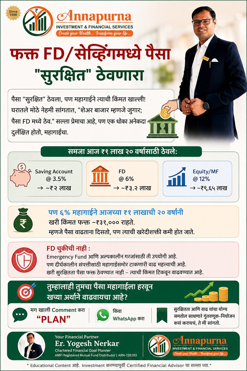 yo_nerkar's tweet photo. 💰 फक्त पैसा सुरक्षित ठेवणे पुरेसे आहे का?

#FinancialPlanning #InvestmentPlanning #MutualFunds #FD #WealthCreation #Inflation #FinancialAwareness #SIP #AnnapurnaInvestment #YogeshNerkar https://t.co/BqEQBx47cS