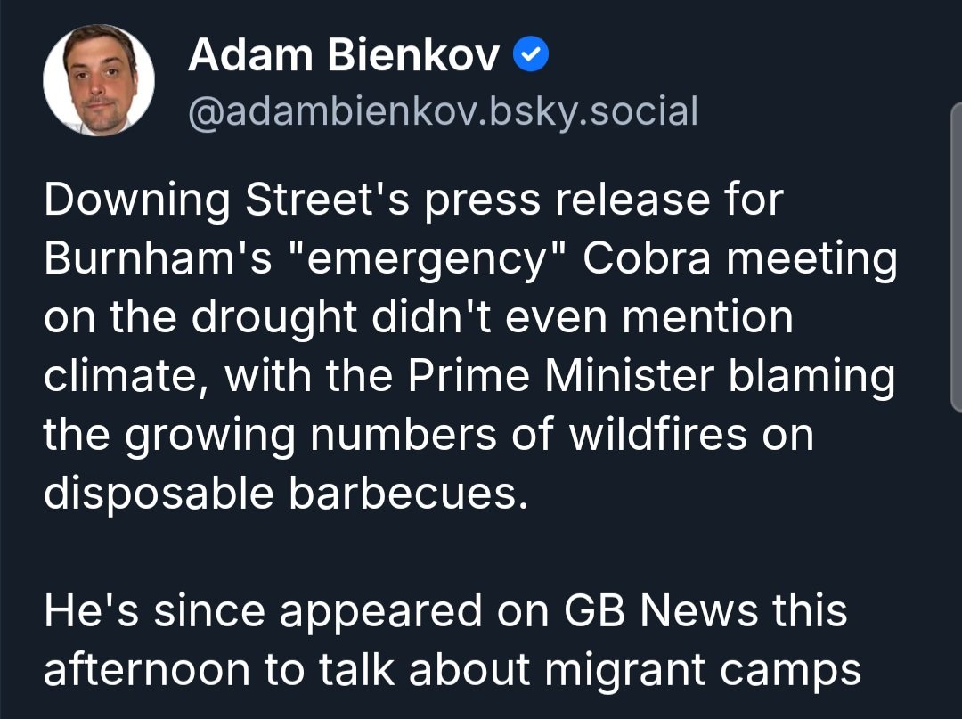 ZackPolanski's tweet photo. This is an outrageous failure from Andy Burnham &amp; this Labour Government.

He says they "don't know the remedy." It's obvious.

Nationalise water companies.
Tax fossil fuel companies.
Invest in renewables.

Labour selling us down the river to please their donors as country burns. https://t.co/G5xZ9V0YPh