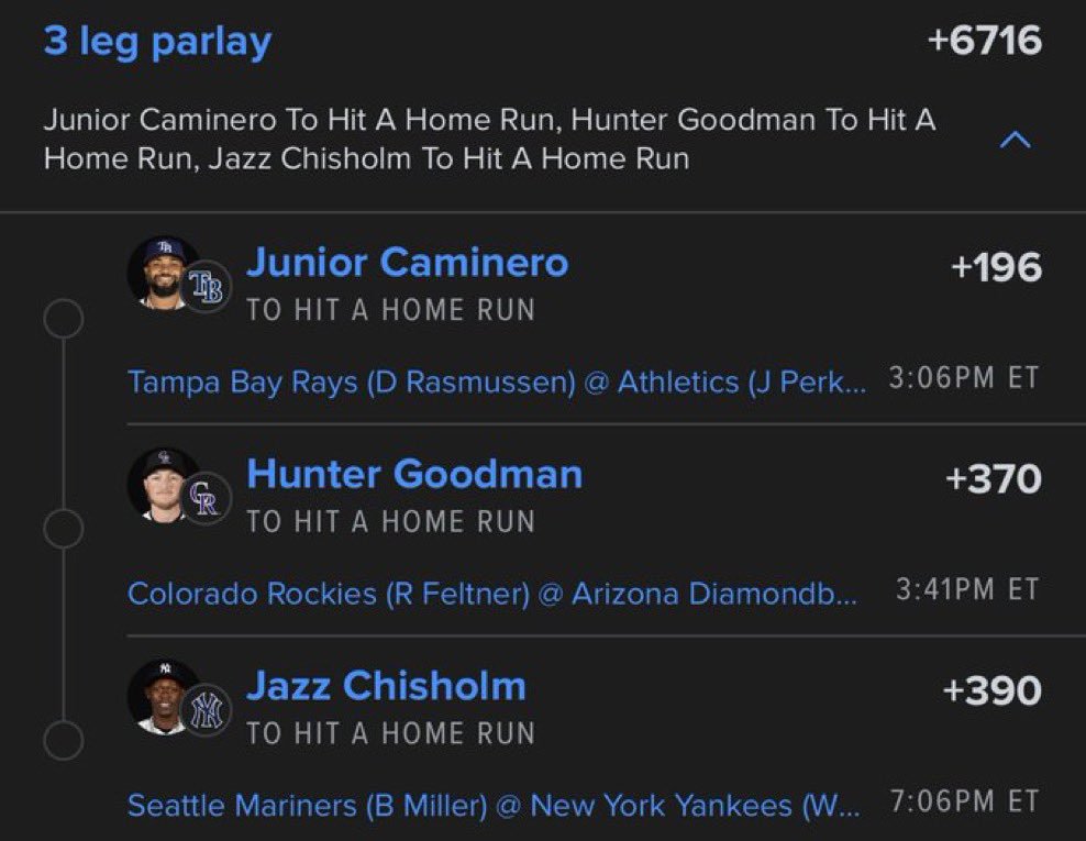 _victorwins's tweet photo. 🔥 3-LEG HOME RUN PARLAY 🔥

⚾ Junior Caminero — HR
⚾ Hunter Goodman — HR
⚾ Jazz Chisholm — HR

🎯 +6716 ODDS 💰🔥

#MLB #MLBParlay #HomeRunParlay #HRPicks #MLBPicks #SportsBetting #ParlayPicks #BaseballPicks #DavisParlay #BigOdds #LockItIn #MLB2026 https://t.co/gWaEpFNGgd