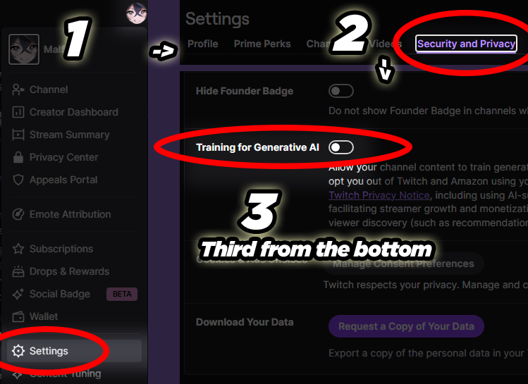 MalfinaVT's tweet photo. I generally need a visual guide (esp with there being soo many setting pages on this stupid site) so just incase others do ...
Here's how to opt out of Twitch's Generative AI update. https://t.co/l6fPo9caPc