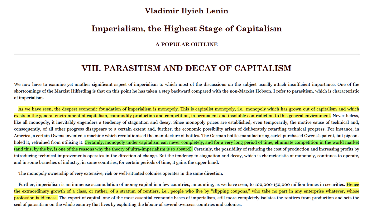 RedPrecariat's tweet photo. Hudson's analysis of neo-rentier PolEcon is founded upon Lenin's analysis of imperialism and its post-1917 developments.

The historical development of capitalist competition leads to the reproduction of abstract rentier logic in the concrete form of monopoly finance capital. https://t.co/IVkZo0x2Qj
