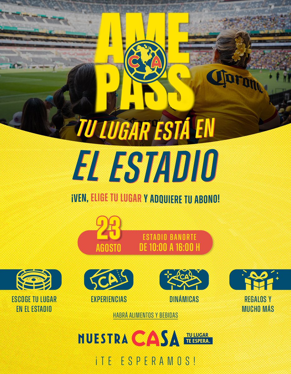 ClubAmerica's tweet photo. ¡El Día del Abonado llegará muy pronto! 🤩🔝

📲 Regístrate aquí: https://t.co/zhhBDUrjI2

El próximo 23 de agosto ven al Estadio Banorte, conócelo de arriba a abajo, escoge tu lugar ideal y compra tu Abono AmePass, ¡tu lugar en CAsa ya te espera! 💙🏟️💛 https://t.co/KIieMcuTij