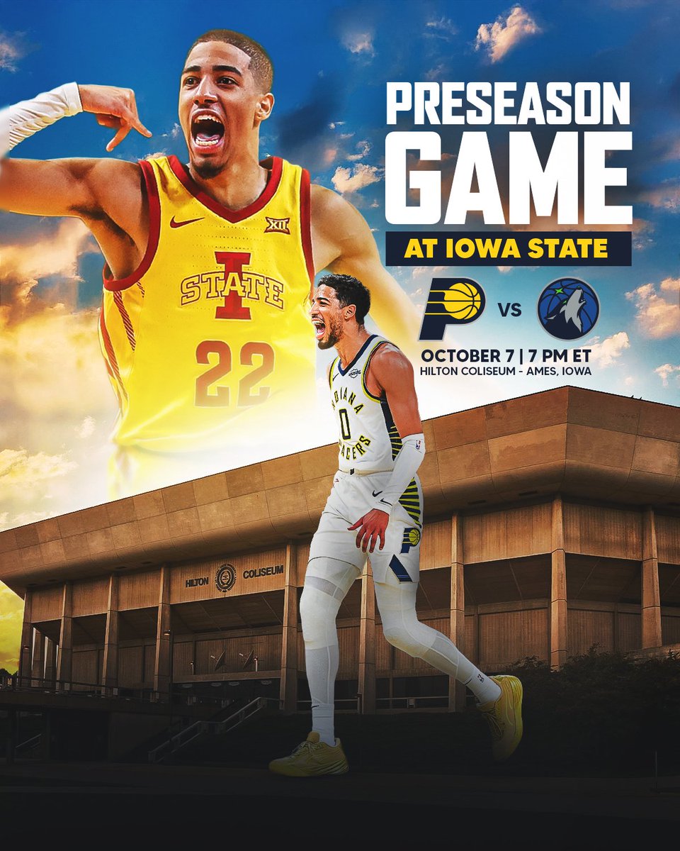 Pacers's tweet photo. Preseason action in Ames, Iowa 🔥

We take on the Timberwolves at Hilton Coliseum on October 7 at 7 p.m. ET.

Learn more: https://t.co/xm15dqbzzm https://t.co/0Q6wDOGhke