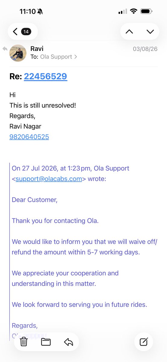 ravinagars's tweet photo. All mails that have been exchanged. Awaiting action #ola #OlaCare https://t.co/8Q9wgdl25b