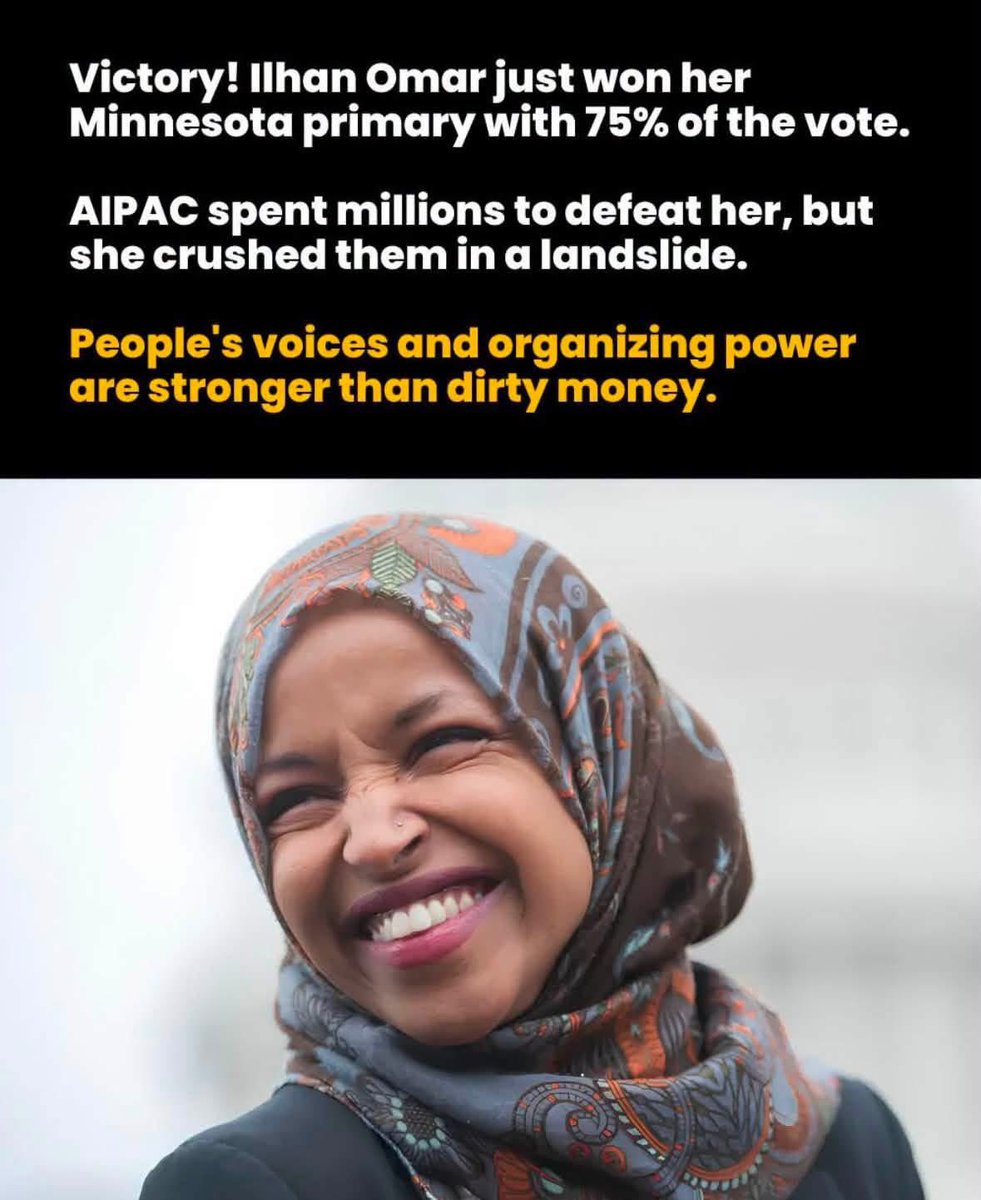 Robotvirgin's tweet photo. Ilhan Omar defeats AIPAC in landslide victory!
.
.
.
.
.
.
.
.
#IlhanOmarDMN #IlhanOmar #DemocraticSocialists #DemocraticPrimary #AIPACsupportGenoside #AIPAC #arrestnetanyahunow #endisraeloccupation #freepalestine #istandwithpalestine #istandwithgaza #stopgenocide #stopgenocideingaza #stopethniccleansingofpalestine #stopethniccleansing #gaza #palestine #ceasefirenow #genocidejoe #freegaza #freegazafromisrael #palestinianlivesmatter #holocaustharris #trump #boycottisraeliproducts #muslim #arab #palestina #progressive #woke