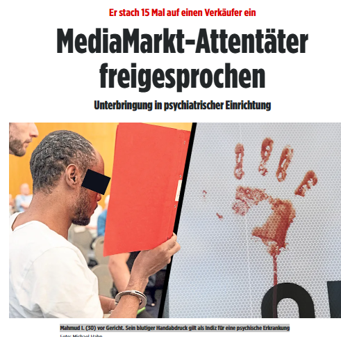 Taykra's tweet photo. #Ulm: Immer wieder stach der Eritreer einem MediaMarkt-Mitarbeiter ein Messer in den Kopf - 15 X stach er zu! Nach seiner Tat lief er triumphierend vor dem Laden herum, klatschte dabei jubelnd ein Verkehrsschild ab u hinterließ einen blutigen Handabdruck. https://t.co/46IZoK4KEi https://t.co/7qOLPZvrfv