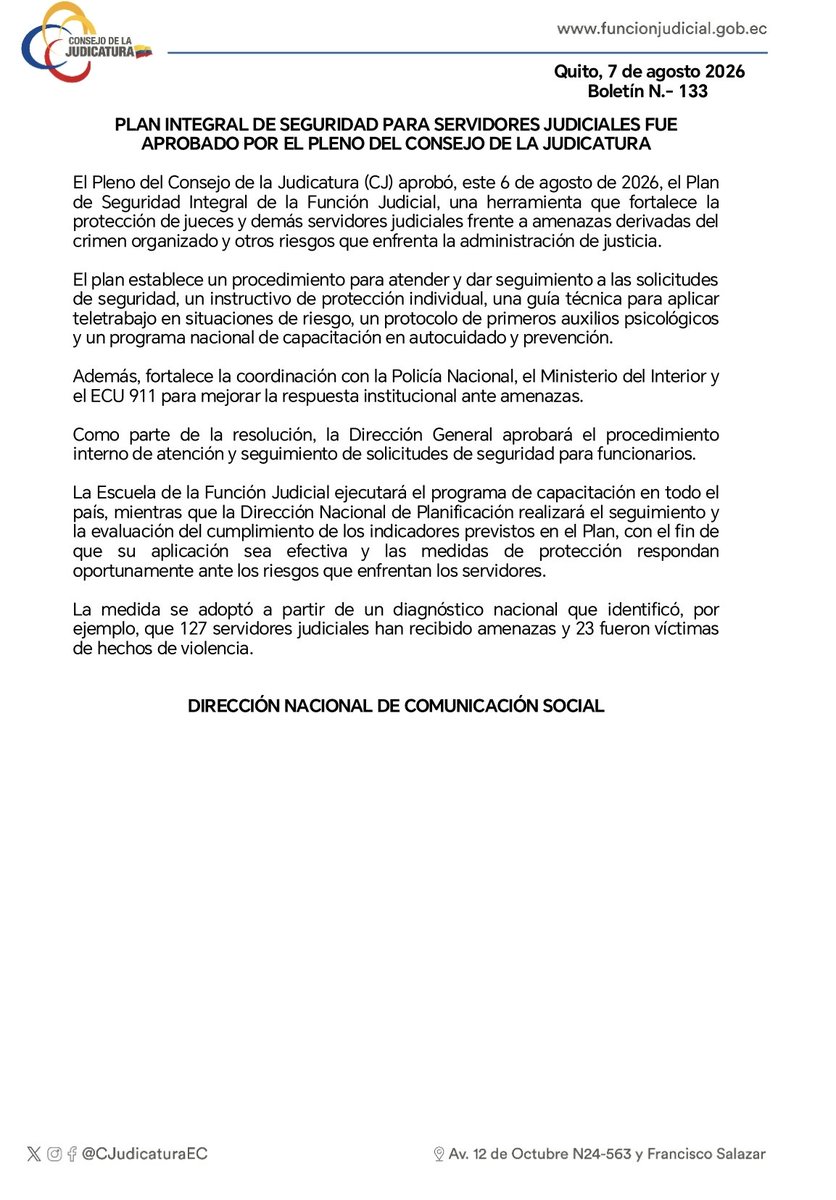 Infomedia593's tweet photo. 📢 Comunicados Consejo de la Judicatura
1) Plan Integral de Seguridad aprobado
👁️‍🗨️ Detalles en los archivos adjuntos 📎
#infomedia #ConsejoDeLaJudicatura
@CJudicaturaEc @BolivarCJ @mechascaicedo https://t.co/sFsIWs9tpm