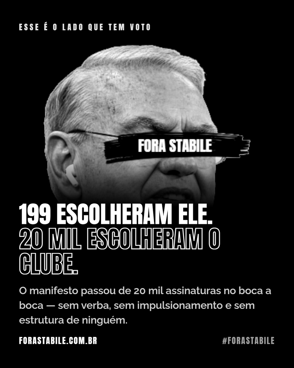 forastabile's tweet photo. Chegamos em 20 mil assinaturas no manifesto.

Sem caminhão de som, sem impulsionamento, sem verba de ninguém. Só corinthiano mandando o link pro grupo.

As organizadas fazem a parte delas há décadas e isso não está em disputa. O que esse número mostra é que o torcedor avulso também tem tamanho quando é contado.

O presidente do Corinthians foi eleito por 199 conselheiros. Somos 100 vezes isso.

https://t.co/HKbBM13HwG
#corinthians #forastabile #IntervençãoJudicialJá
