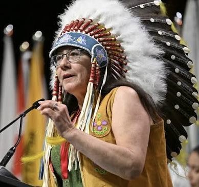 JimMcMurtry01's tweet photo. Minister of Indigenous Services Mandy Gull-Masty is a Cree from Northern Québec where leaders wore beaded cloth on their heads, not feathers.

The headdress she wears was invented by the Sioux in the early 19th century.

Indigenous Canadians are guilty of cultural appropriation. https://t.co/vFO5vnI9N2