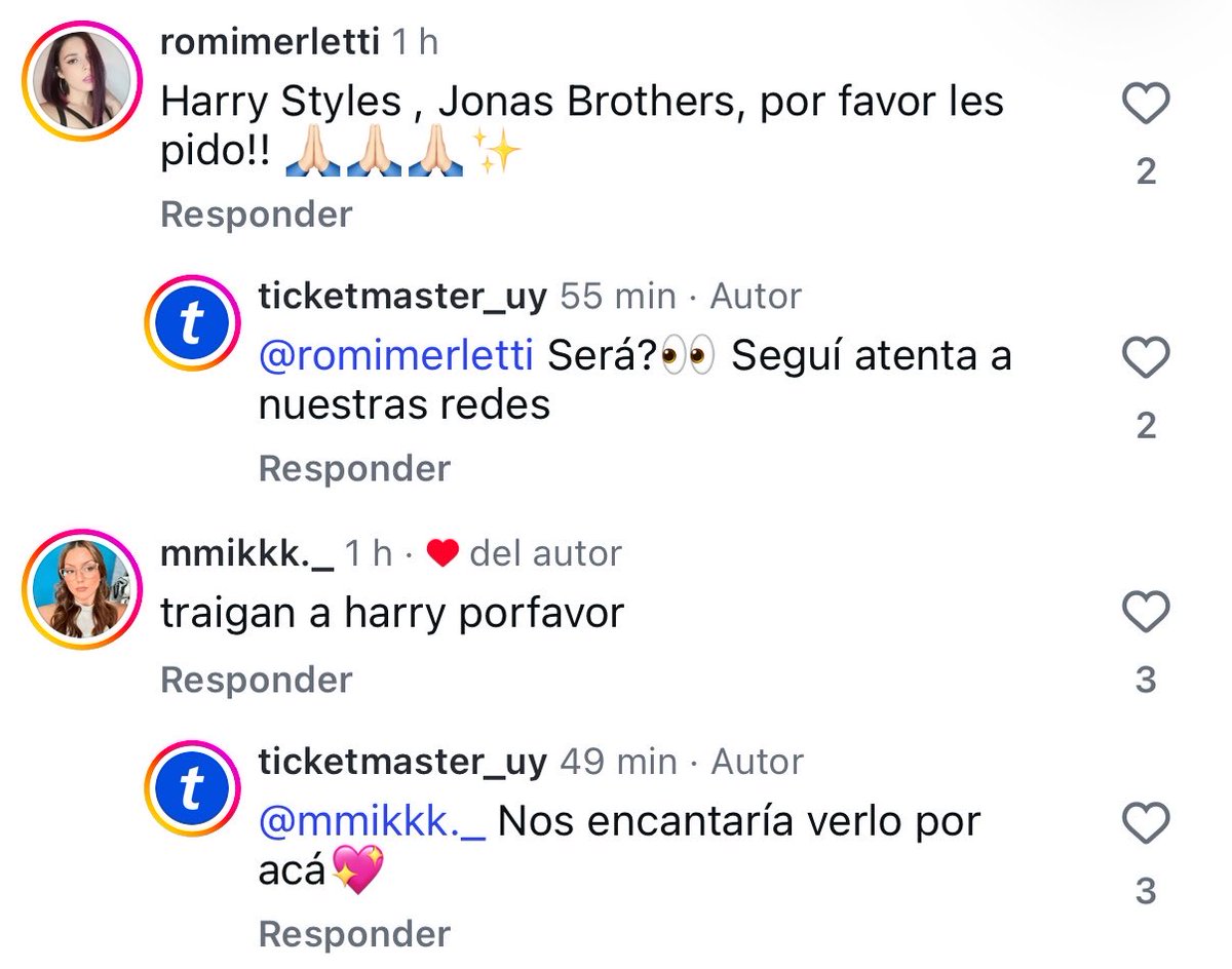 HarrySUruguay's tweet photo. 📲| Ticketmaster Uruguay estuvo respondiendo comentarios que pedían a Harry en Uruguay 👀 https://t.co/7ERvHrFZtR