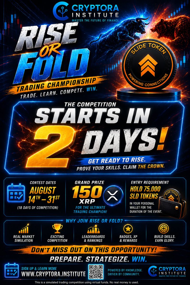 Slidemedigital's tweet photo. 🚨 2 DAYS TO GO! 🚨

The countdown is almost over… ⏳🔥

RISE OR FOLD: TRADING CHAMPIONSHIP starts August 14th! 📈👑

🏆 150 XRP Grand Prize
🎯 Hold 75,000 SLD to enter
📊 Climb the leaderboard
🧠 Test your strategy
🔥 Prove your trading skills

This is your final chance to get prepared and secure your spot!

⚡ 2 DAYS. ONE CHAMPION.

Will you RISE or FOLD? 👀

🌐 Sign up: https://t.co/FLfjA7igvh

DON’T MISS OUT. THE COUNTDOWN IS ON! 🚀

#RiseOrFold #Cryptora #SLDToken #XRP #XRPL #CryptoTrading #TradingCompetition #CryptoCommunity