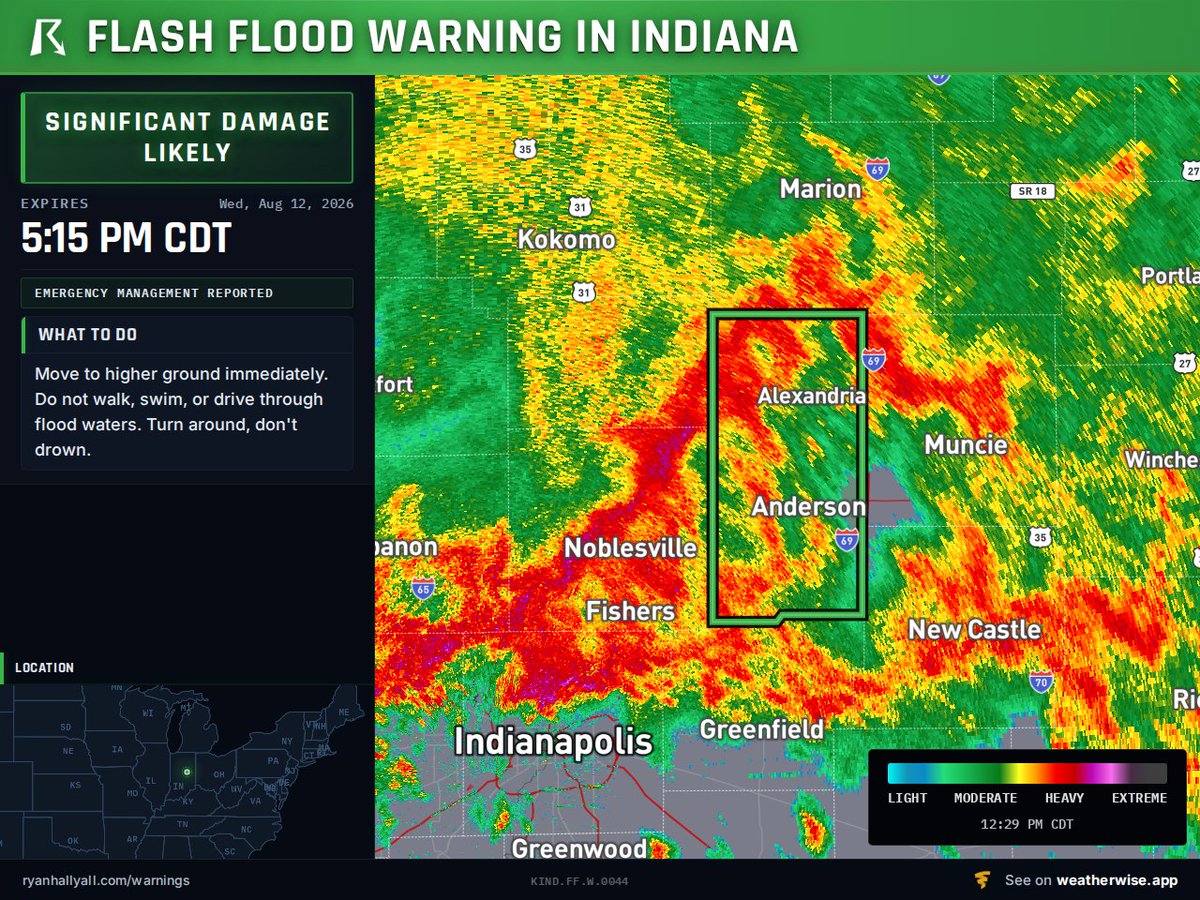 ryanhallyall's tweet photo. Anderson, Alexandria, and Summitville, Indiana just got upgraded to a Flash Flood Emergency, 5 to 10 inches down already and more coming. This is catastrophic, this is life or death, get to higher ground now and stay off the roads through Elwood, Pendleton, Frankton, and Lapel too.