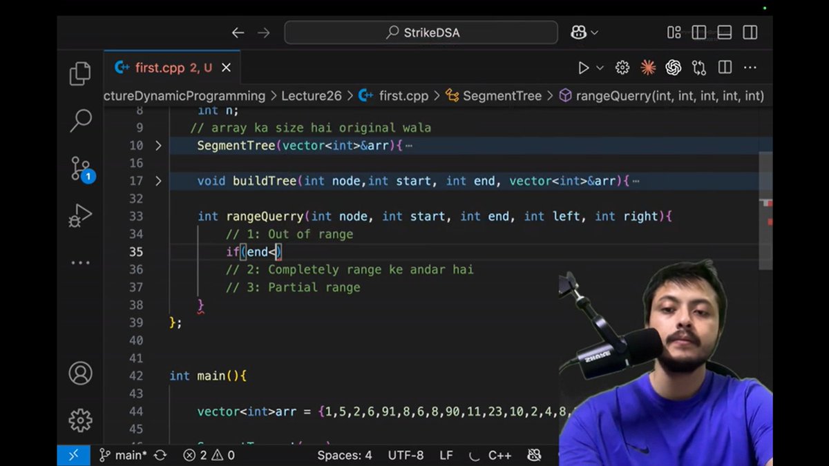 itz_Priyanshu5's tweet photo. 🚀 Day 26 of #DP20 with @rohit_negi9 on @CoderArmy 

Today started bonus sessions on Segment Trees:
✅ Why Segment Trees are needed
✅ Range Query + Point Update
✅ Range Sum Query - Mutable
✅ Range Minimum Query + Point Update

Great introduction to a powerful structure! 🌳⚡ https://t.co/sSc0YNlTjI
