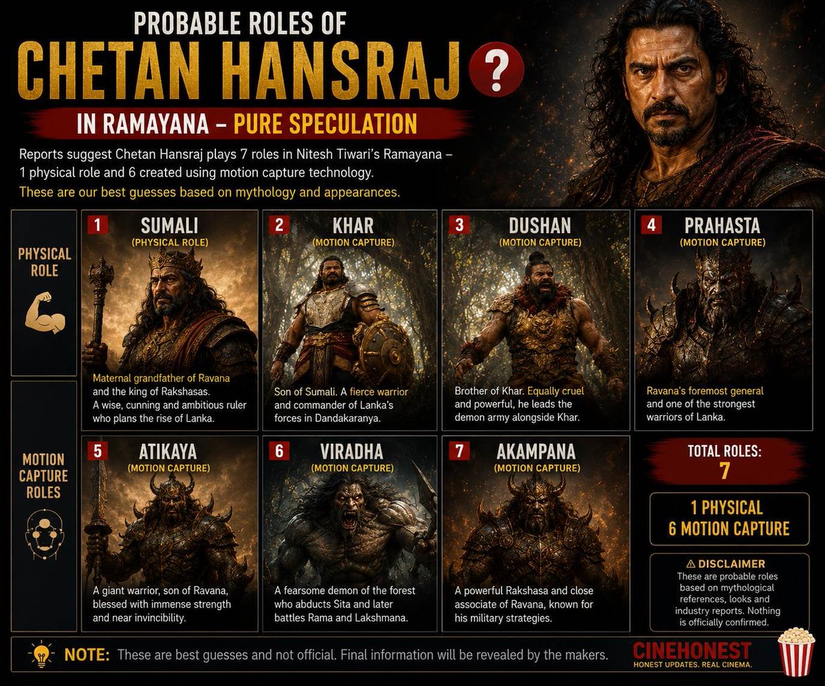 CineHonest's tweet photo. WHO COULD CHETAN HANSRAJ BE PLAYING IN #RAMAYANA? 👀

7 roles.
1 physical performance.
6 motion-capture characters. 🤯

Sumali is known. But are Khar, Dushan & these other Rakshasas among his secret roles?

⚠️ PURE SPECULATION — NOT CONFIRMED.

#ChetanHansraj #RanbirKapoor #Yash #NiteshTiwari