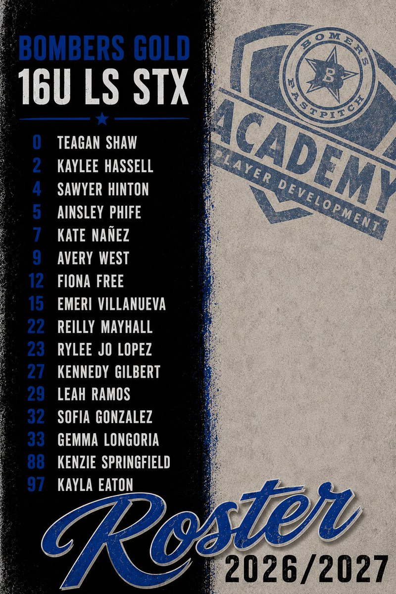 BombersGoldLS's tweet photo. Excited to announce our Bombers Gold LS STX 26/27 roster! 🔥

#BomberAcademy #BlueBloods #BombersFastpitch  @PhillipJuarez https://t.co/QaUXW5t1j1