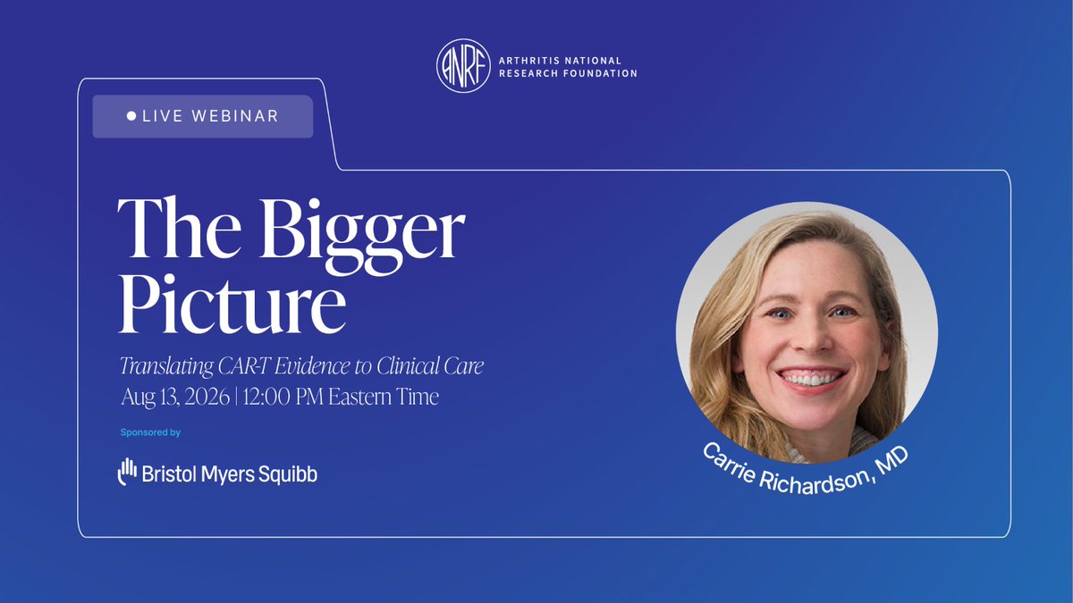 CureArthritis's tweet photo. Tomorrow at 12 PM ET: ANRF's free HCP/APP webinar on CAR-T therapy & autoimmune disease. Dr. Carrie Richardson of Northwestern translates the evidence into clinical guidance. Can't make it live? All registrants receive the recording!
📅 Aug 13 | 12 PM ET | Free
🔗 https://t.co/DIMU4HTH1i