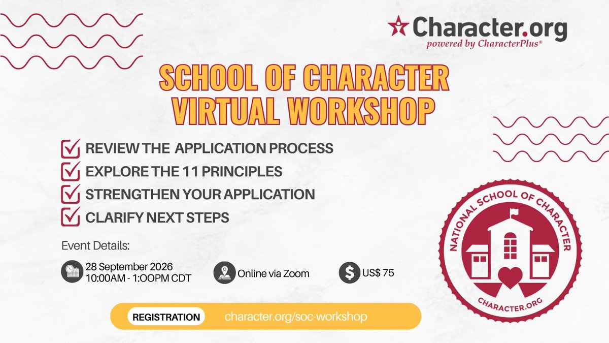 CharacterDotOrg's tweet photo. Join our September 28 Schools of Character webinar to explore the updated application process, learn the 11 Principles Framework &amp; gain guidance for a strong application. 💻Zoom ⏰10–1 CDT 💲$75
https://t.co/p6scDSosWD https://t.co/TR82mrCZqM
