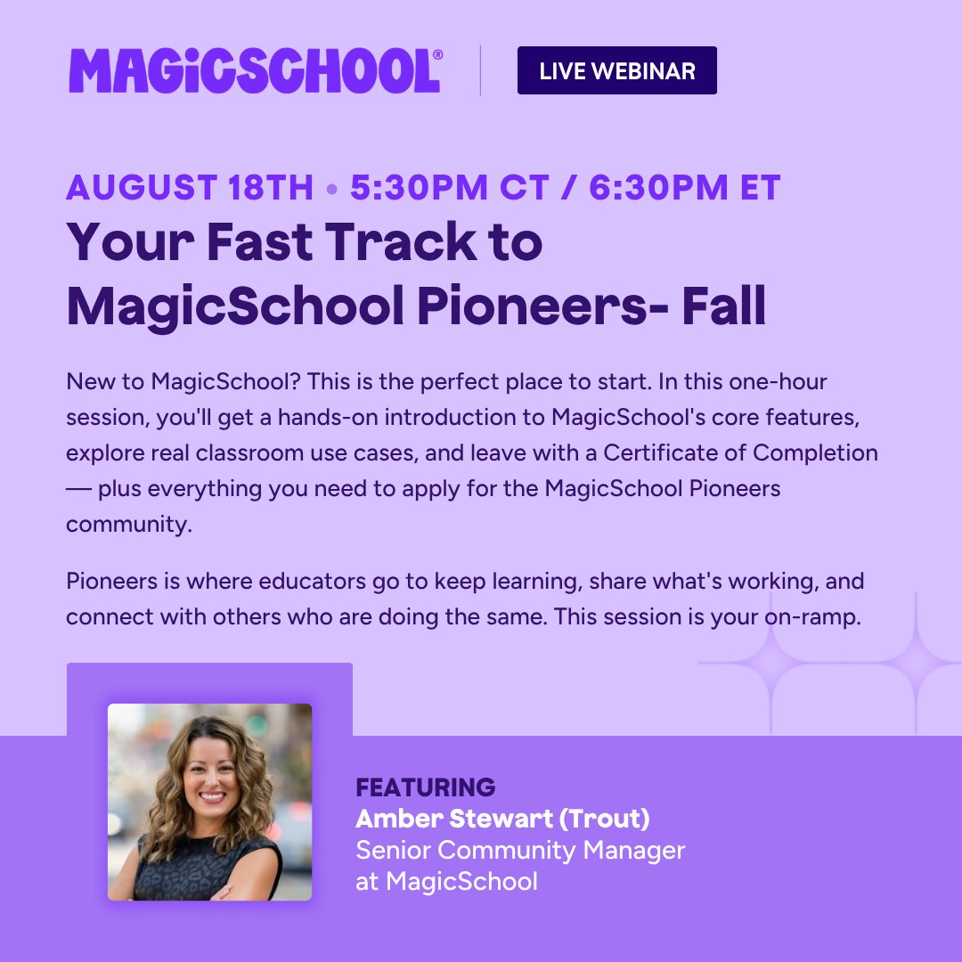 magicschoolai's tweet photo. New to MagicSchool? This is your on-ramp. Join us August 18 for a free live webinar and walk away with a Certificate of Completion and a path into the Pioneers community.
Register here: https://t.co/xZEbXAIaol
#magicschool #edtech #freewebinar https://t.co/3KBMrWOcuj