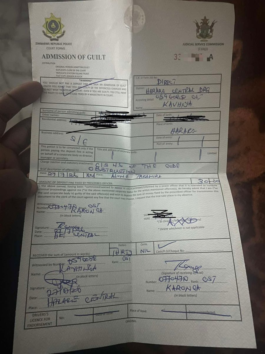 CrimeWatchZW's tweet photo. So far, we have received reports from two citizens, on separate occasions, who claim they were arrested by ZRP officers without being given a clear reason.

Both individuals say they were charged with an obstruction-related offence and were required to pay a US$30 fine before being released.

The first person said he was buying food when he was arrested and taken to a police station. He spent more than five hours in the police cells before being released after paying the US$30 fine.

The second person said he was arrested while buying airtime and was also required to pay a US$30 fine before he could be released.

In both cases, the police officers reportedly referred to Section 46 of the Criminal Law (Codification and Reform) Act.

@PoliceZimbabwe