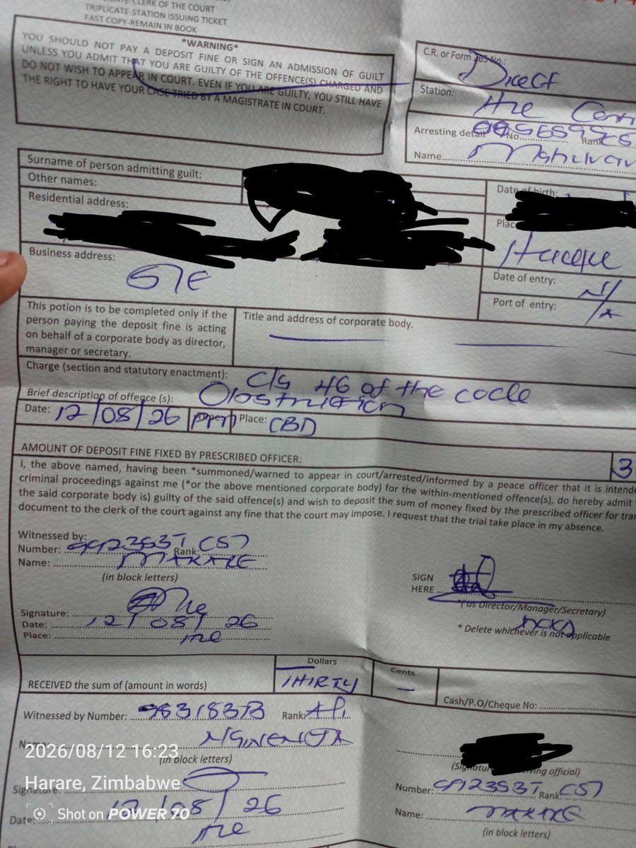CrimeWatchZW's tweet photo. So far, we have received reports from two citizens, on separate occasions, who claim they were arrested by ZRP officers without being given a clear reason.

Both individuals say they were charged with an obstruction-related offence and were required to pay a US$30 fine before being released.

The first person said he was buying food when he was arrested and taken to a police station. He spent more than five hours in the police cells before being released after paying the US$30 fine.

The second person said he was arrested while buying airtime and was also required to pay a US$30 fine before he could be released.

In both cases, the police officers reportedly referred to Section 46 of the Criminal Law (Codification and Reform) Act.

@PoliceZimbabwe