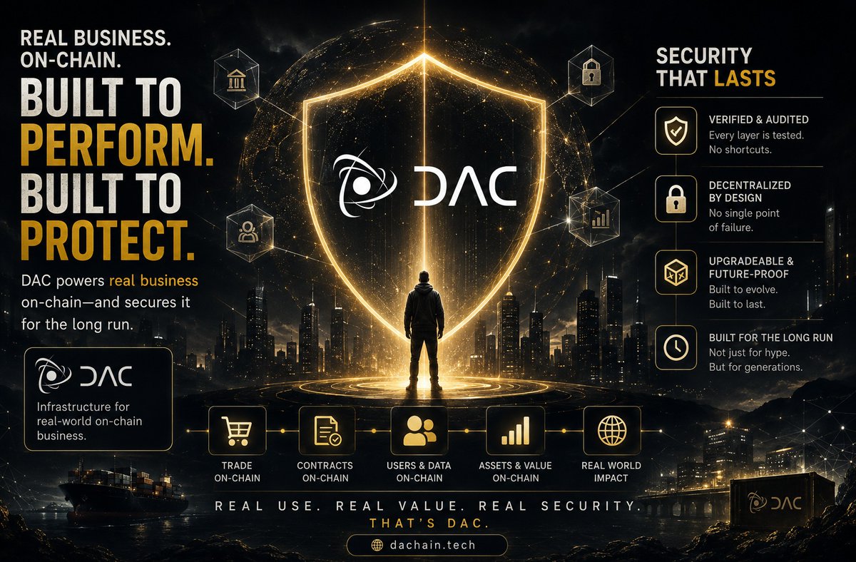 fathiarafialdh's tweet photo. DAC is built for the harder part: making real business activity work on-chain while protecting it for the long run.

Real use. Real value. Security designed to stay.
That’s infrastructure worth building on. 🛡️
@dac_chain #DAC https://t.co/Bw7jxKfkXT