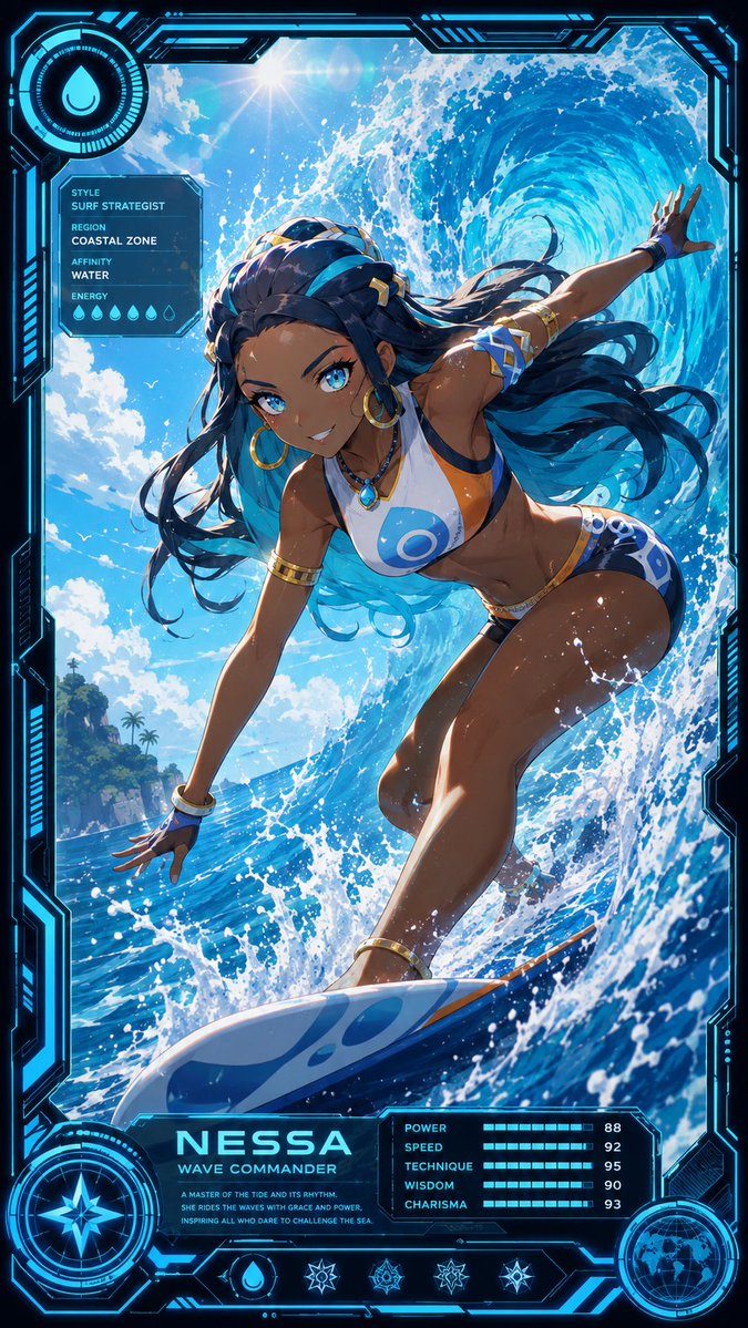 WaifuAI_Studio's tweet photo. Full energy, full power – Nessa rides the waves with style and total control 🌊⚡ This futuristic card-style design meets pure water power, turning the scene into a true standout. 💙

#Nessa #Rurina #Pokemon #PokemonArt #PokemonFanart #AnimeArt https://t.co/3bZtezE5Cl