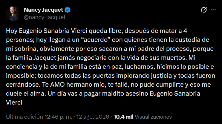 delpynews's tweet photo. ➡️"TE AMO, HERMANO MÍO, TE FALLÉ" | 😔

👉Nancy Jacquet, hermana de una de las víctimas, lamentó el sobreseimiento al empresario Eugenio Sanabria Vierci.

➡️La misma sostuvo que el acuerdo se llevó a cabo con la familia que tiene la custodia de su sobrina, afirmando que su familia jamás negociaría con la vida de sus muertos.

🗣️"Queda impune la muerte de mi familia, la vida no se negocia", escribió en su cuenta de X.