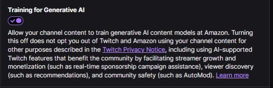 bignosebug's tweet photo. I am a twitch ambassador but absolutely do not support any gen ai tools they are implementing and have been trying my best in any channels i’m able to voice this

Unfortunately the gen ai toggle has been implemented and it is automatically toggled on- please go toggle it off ASAP https://t.co/soqGj5MzmY