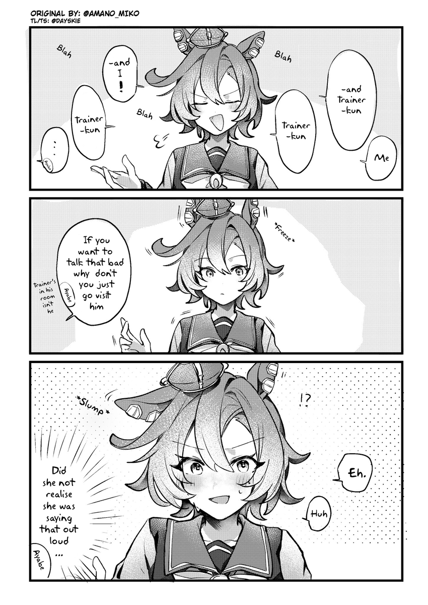dayskiie's tweet photo. "Today's repost: Unaware chattering"
(Original by: @amano_miko)

operaaaaa she can hear youuu
#UmaTranslations #ウマ娘 https://t.co/9KEe6YztsN