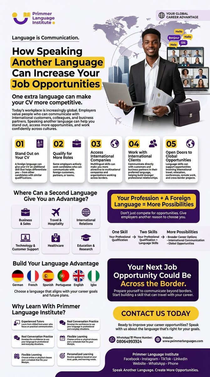 primmerlanguage's tweet photo. X

🌍 One extra language can mean more skills, more opportunities &amp; a more competitive CV. 🚀
Build your global career advantage with Primmer Language Institute. Start your language journey today!

#LanguageLearning #CareerOpportunities #GlobalCareer #LearnALanguage #CareerGrowth https://t.co/HO8GxCUOo2