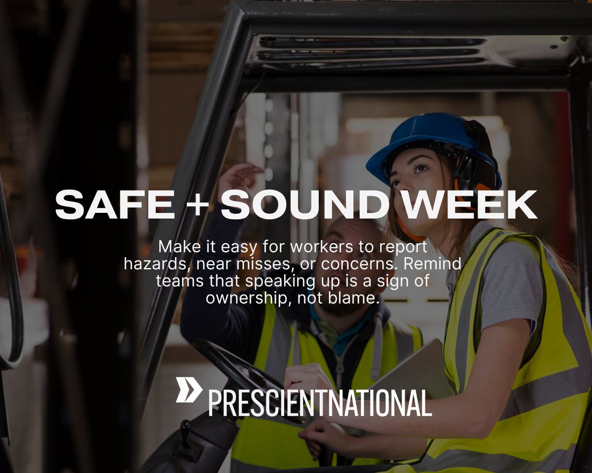 PrescientIns's tweet photo. Today’s #SafeAndSoundWeek tip: Make it easy for workers to report hazards, near misses, or concerns. Frontline workers are best suited to solve safety issues as they are closely involved and know common hazards.
#WorkplaceSafety #HazardIdentification #HazardReporting #NearMiss https://t.co/sGU8Sqnix6