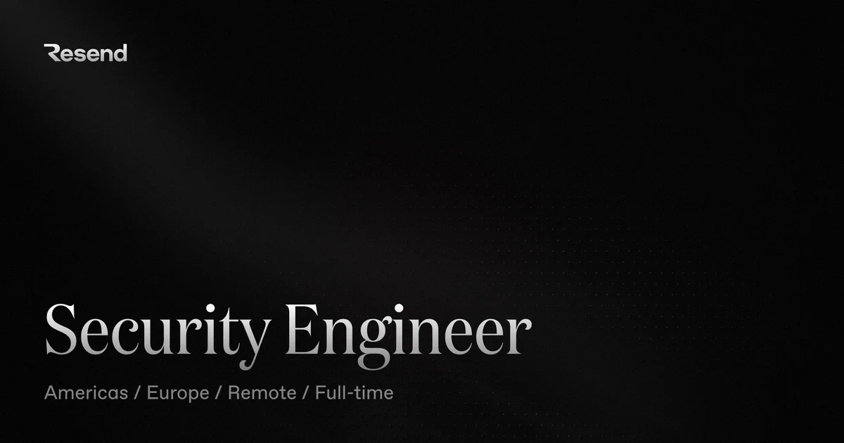 Black background with "Security Engineer" prominently displayed, indicating a job posting for a remote position across the Americas and Europe.