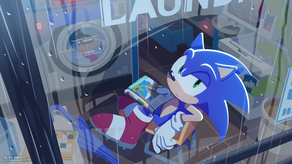 Sonic_Hedgeblog's tweet photo. Artwork of Sonic in a laundromat during a storm, from the Japanese Sonic Channel website in 2025. https://t.co/M35oOrf3ND