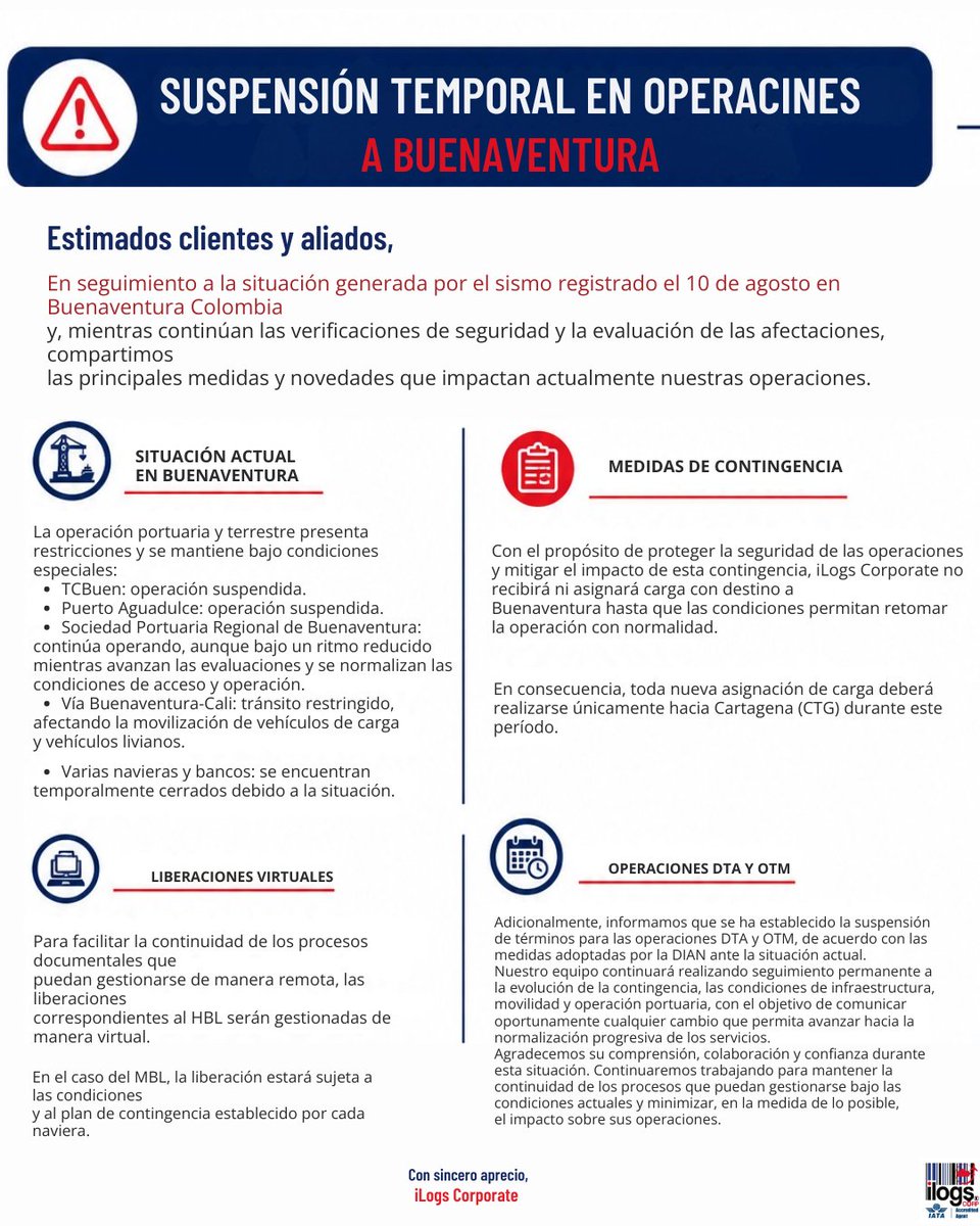 Ilogscorp's tweet photo. 📢 COMUNICADO OFICIAL | SUSPENSIÓN TEMPORAL DE OPERACIONES EN BUENAVENTURA

#Buenaventura #ComercioExterior #LogísticaInternacional #Colombia https://t.co/m02T1okfMc