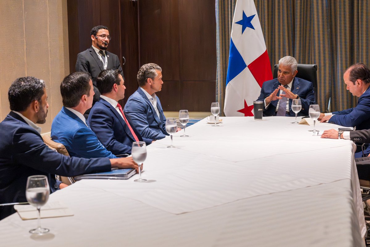 SecWar's tweet photo. Thank you to Panamanian President José Mulino (@JoseRaulMulino) for your outstanding leadership in hosting the PANAMAX 2026 exercise.

I look forward to strengthening our partnership to keep the Panama Canal secure and disrupt cartel operations across the region. https://t.co/EP77ylHmvd
