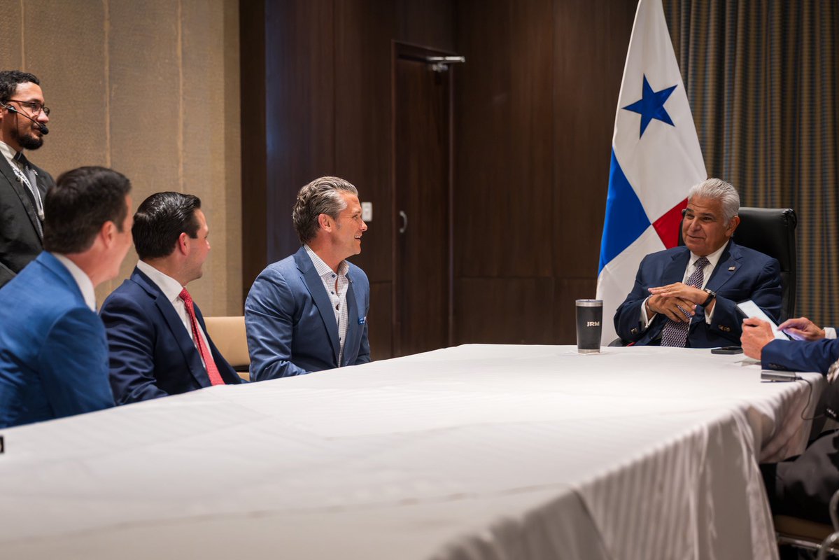 SecWar's tweet photo. Thank you to Panamanian President José Mulino (@JoseRaulMulino) for your outstanding leadership in hosting the PANAMAX 2026 exercise.

I look forward to strengthening our partnership to keep the Panama Canal secure and disrupt cartel operations across the region. https://t.co/EP77ylHmvd