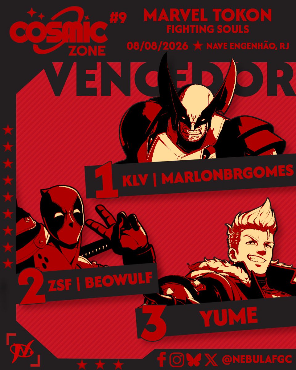 NebulaFGC's tweet photo. ⭐️ COSMIC ZONE #9 - MARVEL TOKON FIGHTING SOULS TOP 8 ⭐️

No último sábado (8), organizamos o primeiro torneio presencial de Marvel Tokon no Brasil! 🏆

Aqui estão os resultados: 

🥇 1° KLV | marlonbrgomes
🥈 2º @rbeowulfz
🥉 3° Yume
🏅 4º Thiago Kain
🎖️ 5° TheXtreme
🎖️ 5° @BehemothMora 
🎖️ 7º @ShennouBR 
🎖️ 7º @INFullMoon
