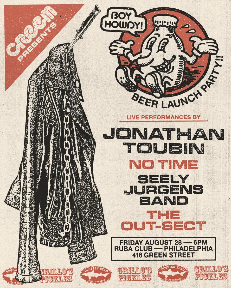 R5Productions's tweet photo. Yo! We're helping our pals at @creemmag throw an end-of-summer rock 'n' roll party at @rubaclub, yes, it's the BOY HOWDY! BEER LAUNCH PARTY⁠ with JONATHAN TOUBIN⁠, NO TIME⁠, the SEELY JURGENS BAND⁠, &amp; more! Friday August 28th, and just FIVE BUCKS!

🎟 https://t.co/BXocwbZn2F https://t.co/DDAuz9LCYy